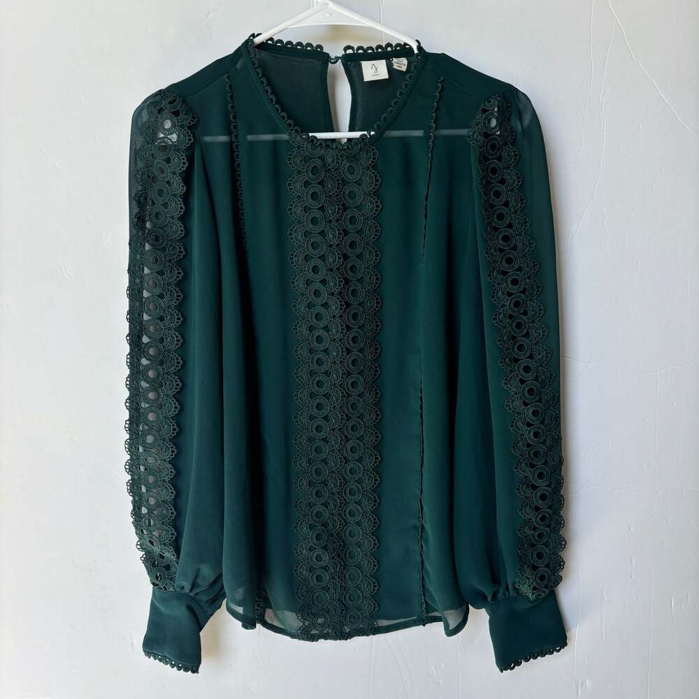 Joie Dark Green Long Sleeve Lace Trim Blouse Size S/P